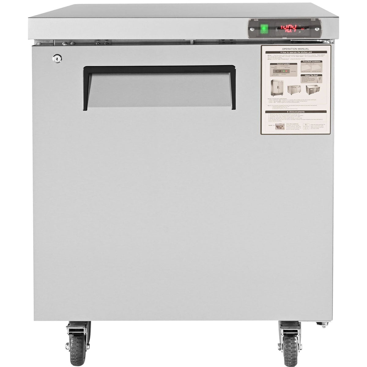 28-inch Stainless Steel Undercounter Refrigerator, 7.4 Cubic Feet, with Fan-Assisted Cooling and Lockable Single Door, Ideal for Food Preparation Areas and Bars