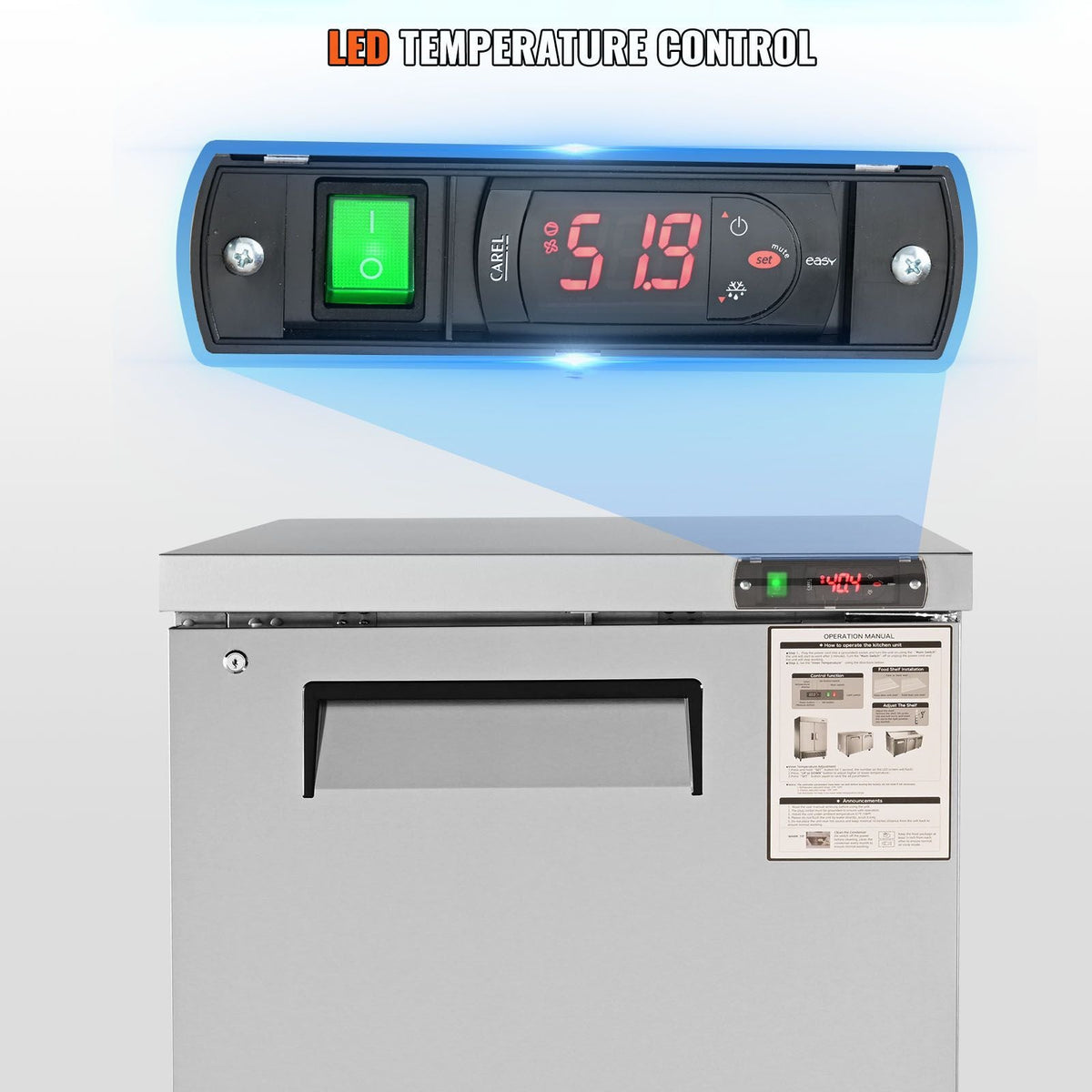 28-inch Stainless Steel Undercounter Refrigerator, 7.4 Cubic Feet, with Fan-Assisted Cooling and Lockable Single Door, Ideal for Food Preparation Areas and Bars