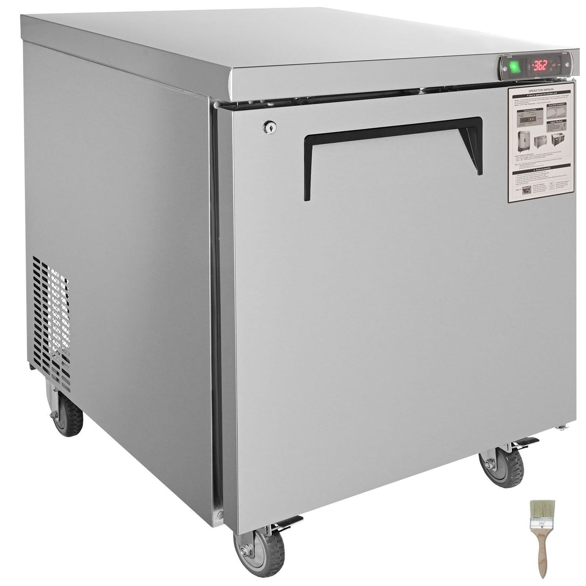 28-inch Stainless Steel Undercounter Refrigerator, 7.4 Cubic Feet, with Fan-Assisted Cooling and Lockable Single Door, Ideal for Food Preparation Areas and Bars