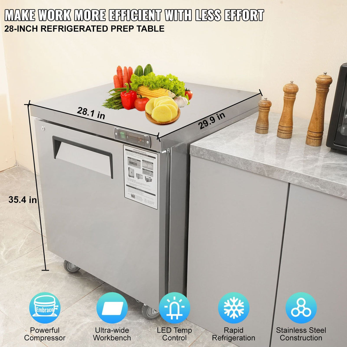 28-inch Stainless Steel Undercounter Refrigerator, 7.4 Cubic Feet, with Fan-Assisted Cooling and Lockable Single Door, Ideal for Food Preparation Areas and Bars