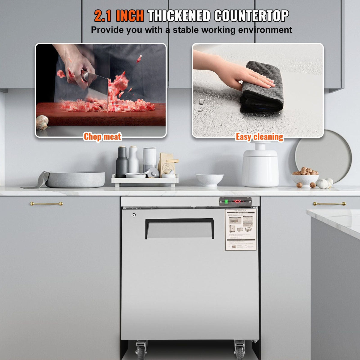 28-inch Stainless Steel Undercounter Refrigerator, 7.4 Cubic Feet, with Fan-Assisted Cooling and Lockable Single Door, Ideal for Food Preparation Areas and Bars