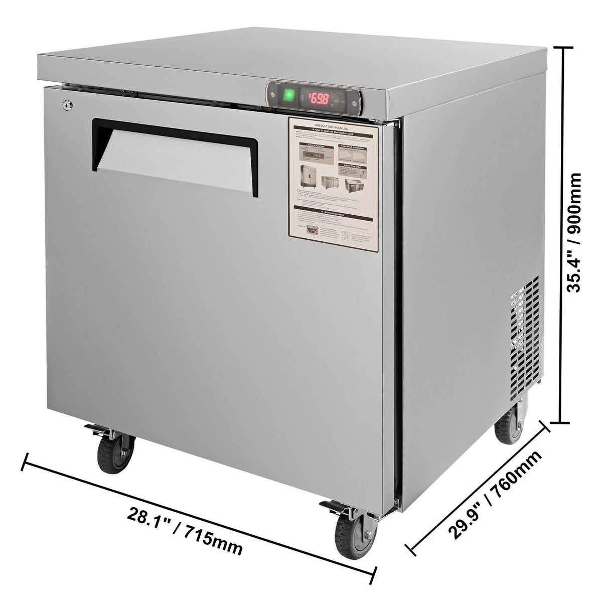 28-inch Stainless Steel Undercounter Refrigerator, 7.4 Cubic Feet, with Fan-Assisted Cooling and Lockable Single Door, Ideal for Food Preparation Areas and Bars