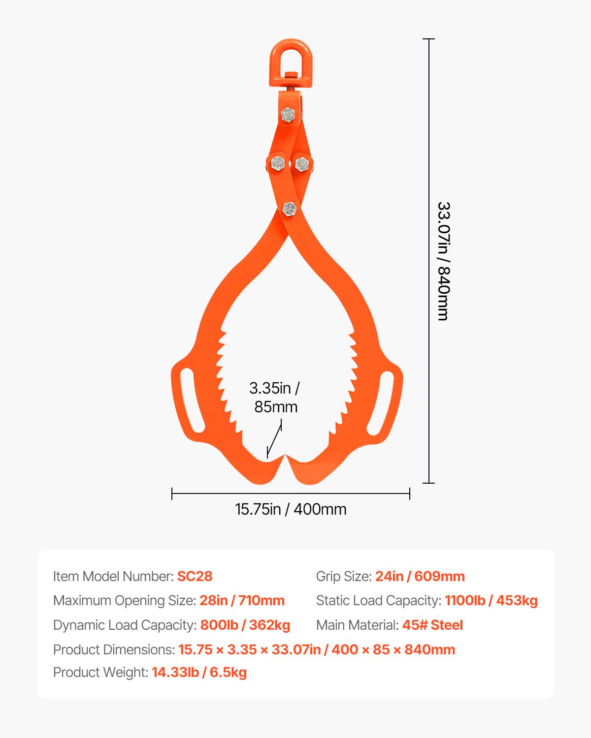 28in Log Lifting Tongs, 2-Claw Log Tongs, Heavy Duty Steel Log Grapple, 1100LBS Lifting Capacity, Swivel Log Graper Timber, Eagle Claw Design, Log Skidding Tongs for Trucks, Tractors, Forklifts