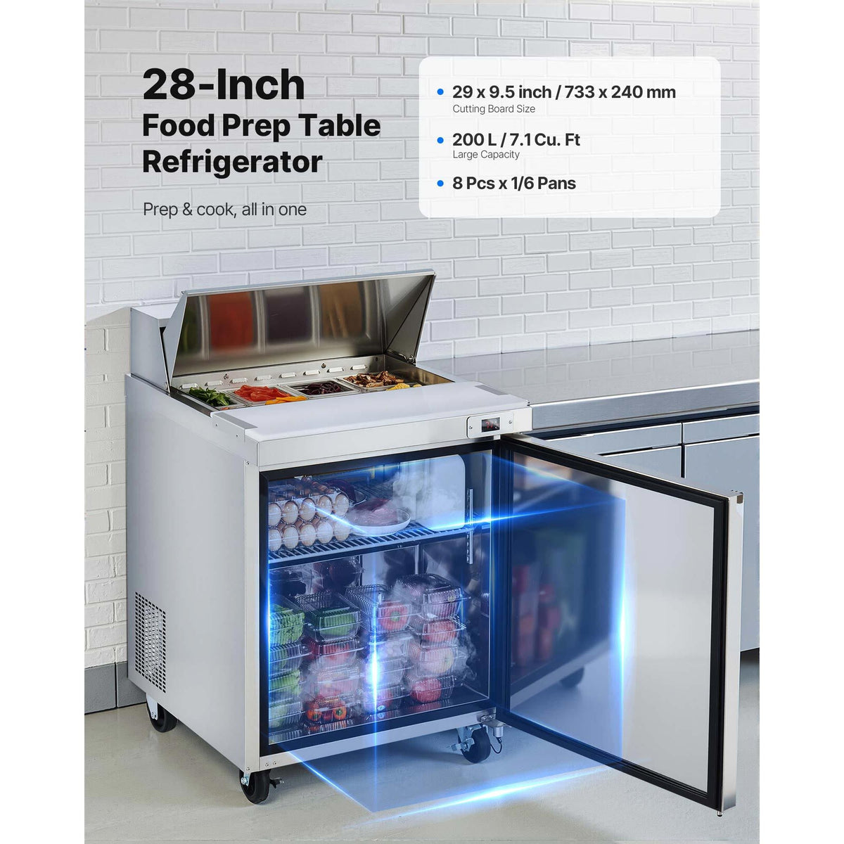 28"W Commercial Refrigerator, 7.1 Cu. Ft Sandwich Prep Refrigerated Table, Mega Top Food Prep Fridge with 8 Pans and Cutting Board, Stainless Steel Salad Prep Cooler for Restaurant, Food Truck