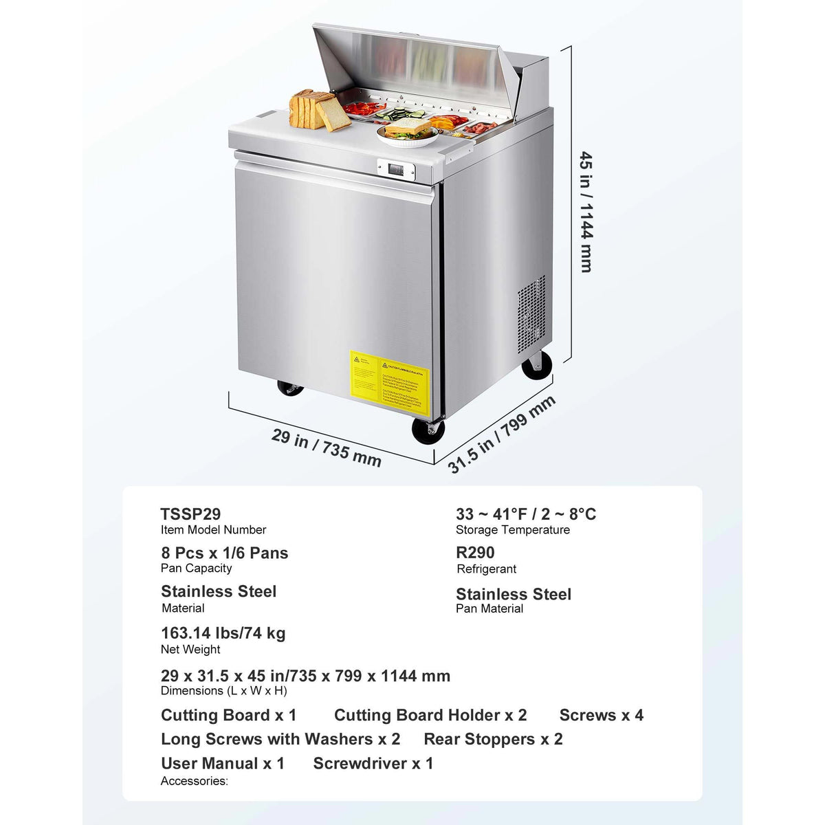 28"W Commercial Refrigerator, 7.1 Cu. Ft Sandwich Prep Refrigerated Table, Mega Top Food Prep Fridge with 8 Pans and Cutting Board, Stainless Steel Salad Prep Cooler for Restaurant, Food Truck