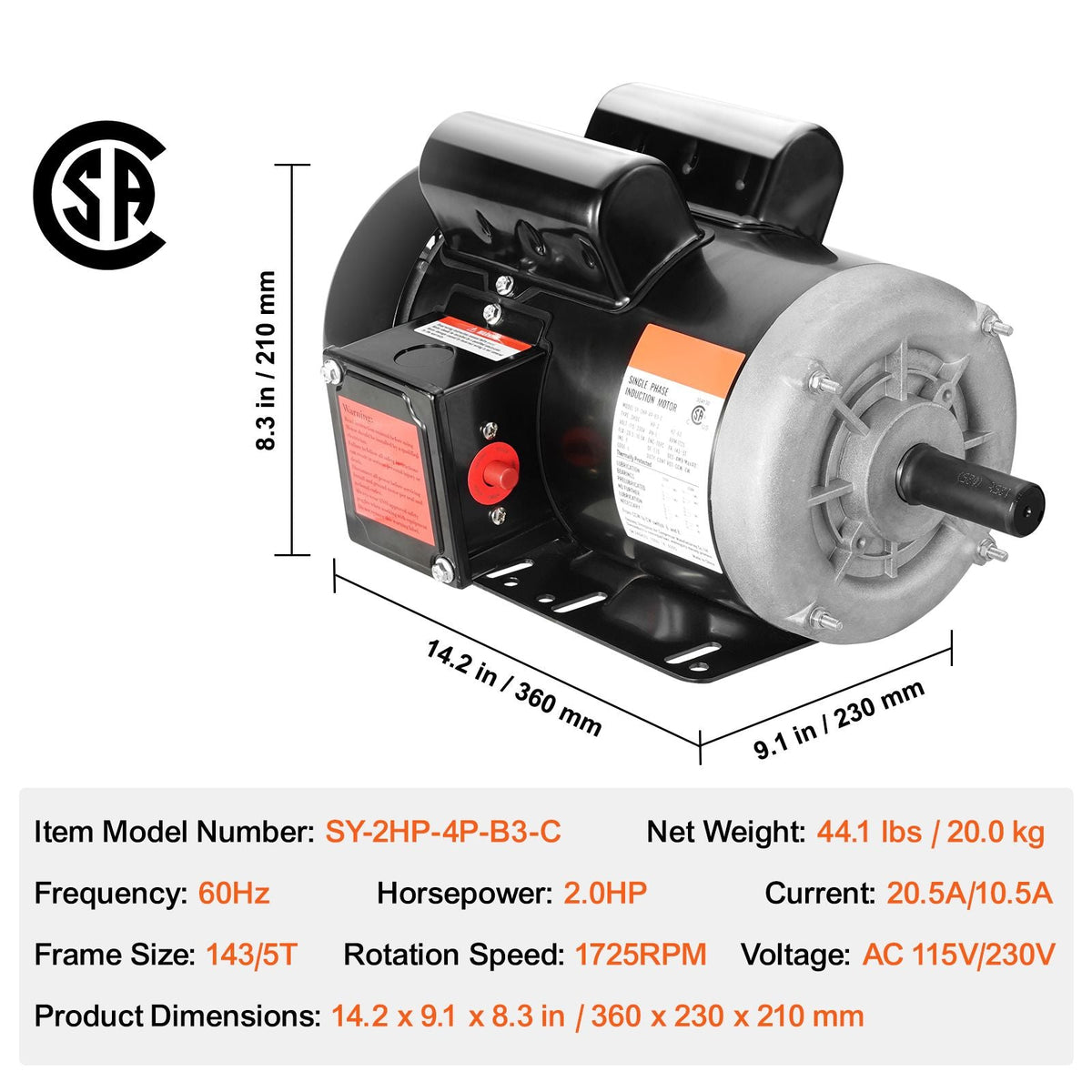 2HP Electric Motor 1725 rpm, AC 115V/230V, 143/5T Frame, Air Compressor Motor Single Phase, 7/8" Keyed Shaft, CW/CCW Rotation for Agricultural Machinery and General Equipment
