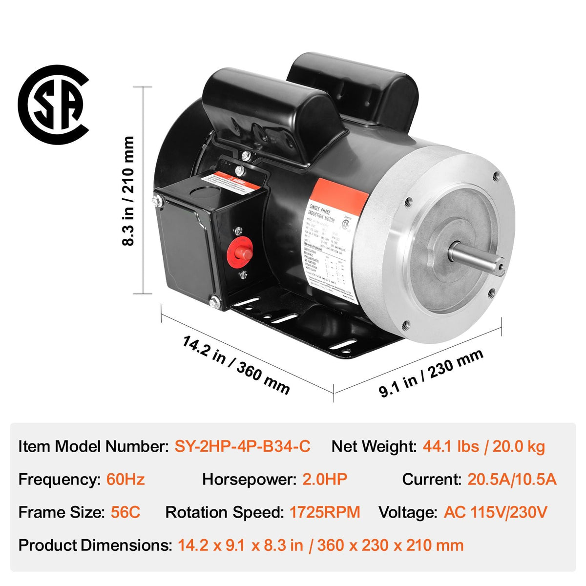 2HP Electric Motor 1725 rpm, AC 115V/230V, 56C Frame, Air Compressor Motor Single Phase, 5/8" Keyed Shaft, CW/CCW Rotation for Agricultural Machinery and General Equipment