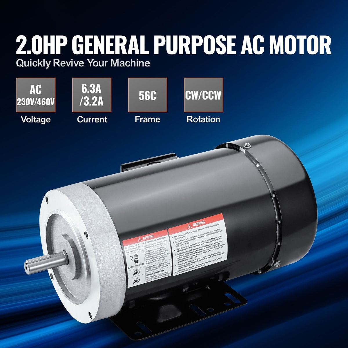 2HP Electric Motor 3450 rpm, AC 230V/460V, 56C Frame, Air Compressor Motor 3-Phase, 5/8" Keyed Shaft, CW/CCW Rotation for Agricultural Machinery and General Equipment
