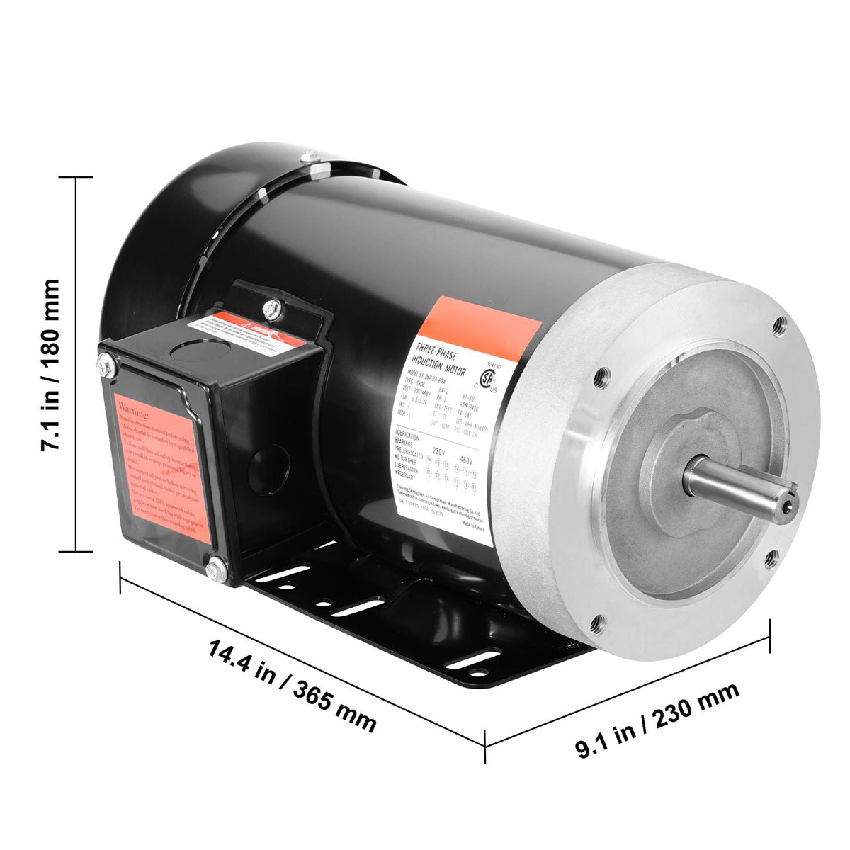 2HP Electric Motor 3450 rpm, AC 230V/460V, 56C Frame, Air Compressor Motor 3-Phase, 5/8" Keyed Shaft, CW/CCW Rotation for Agricultural Machinery and General Equipment