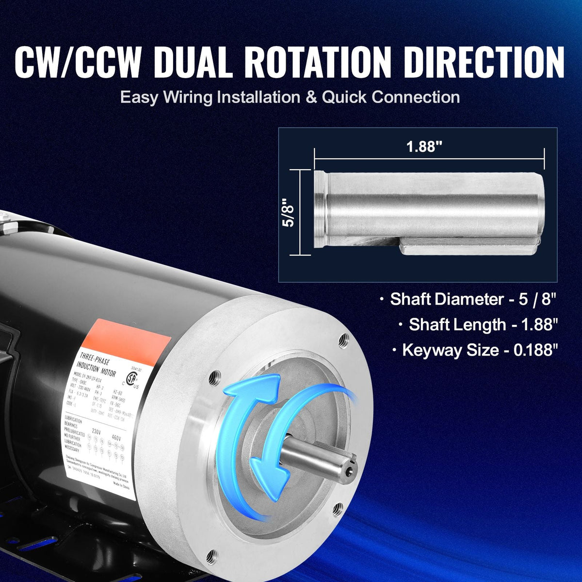 2HP Electric Motor 3450 rpm, AC 230V/460V, 56C Frame, Air Compressor Motor 3-Phase, 5/8" Keyed Shaft, CW/CCW Rotation for Agricultural Machinery and General Equipment