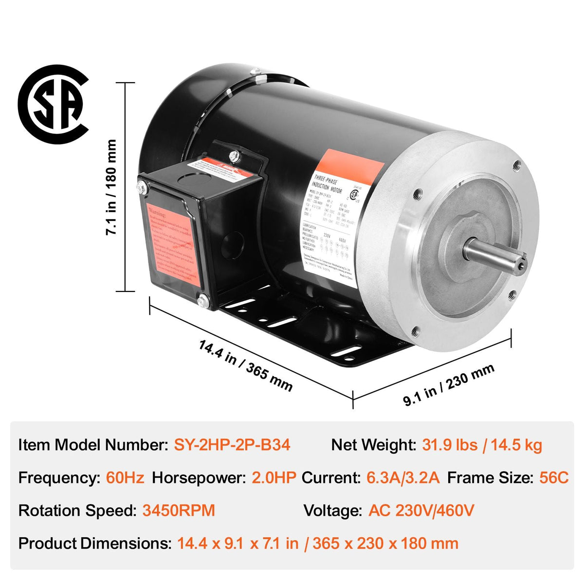 2HP Electric Motor 3450 rpm, AC 230V/460V, 56C Frame, Air Compressor Motor 3-Phase, 5/8" Keyed Shaft, CW/CCW Rotation for Agricultural Machinery and General Equipment
