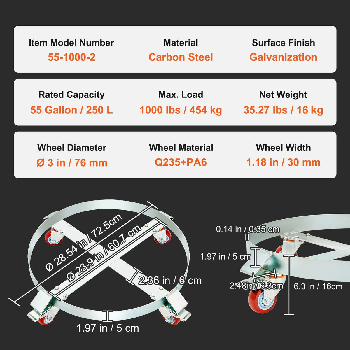 2PCS 55 Gallon Heavy Duty Drum Dolly, 1000 lbs Load Capacity, Barrel Dolly Cart Drum Caddy, Non Tipping Hand Truck Capacity Dollies with Steel Frame 4 Swivel Casters Wheel, for Drum Handling