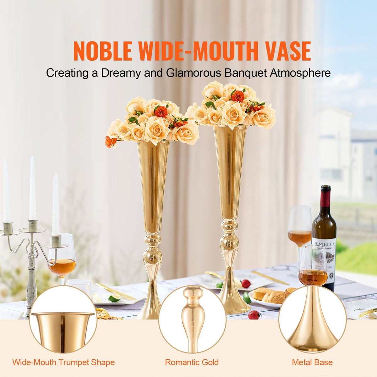 2PCS 56cm/22.05' Tall Wedding Flower Vase, Metal Wedding Trumpet Centerpiece, Gold Floral Stand Display Rack for Tables Wedding Dinner Party, Anniversary Ceremony Birthday Event Decor