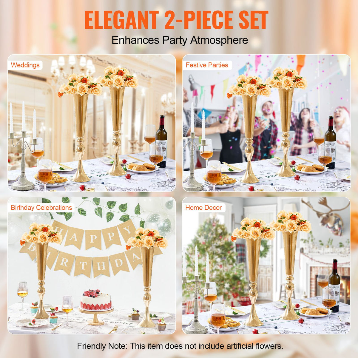 2PCS 56cm/22.05' Tall Wedding Flower Vase, Metal Wedding Trumpet Centerpiece, Gold Floral Stand Display Rack for Tables Wedding Dinner Party, Anniversary Ceremony Birthday Event Decor