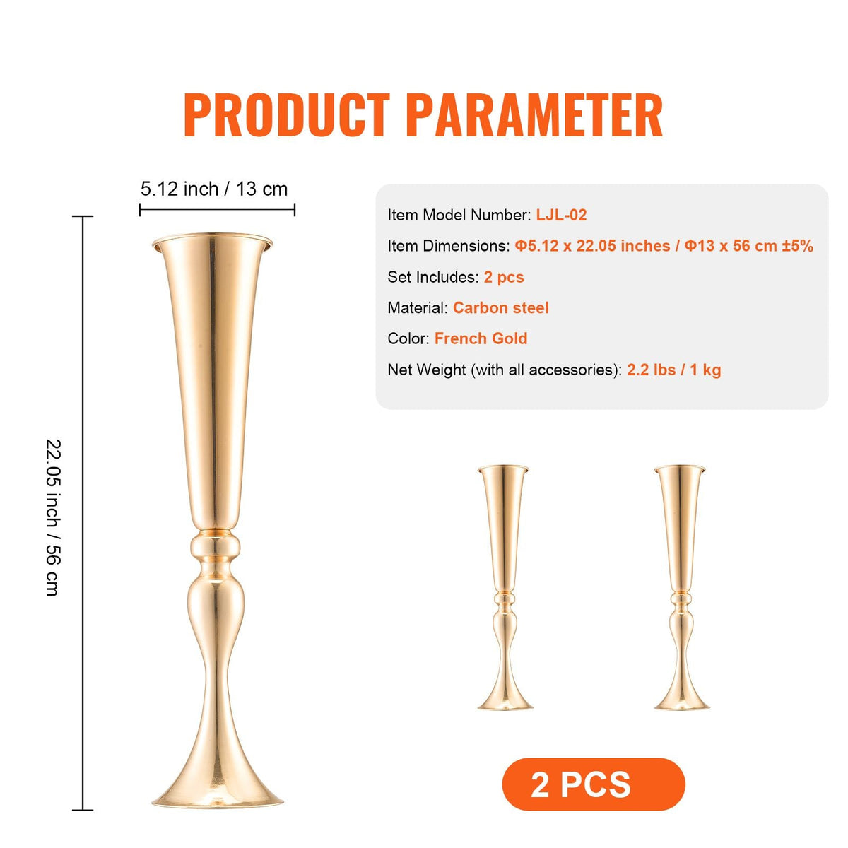 2PCS 56cm/22.05' Tall Wedding Flower Vase, Metal Wedding Trumpet Centerpiece, Gold Floral Stand Display Rack for Tables Wedding Dinner Party, Anniversary Ceremony Birthday Event Decor