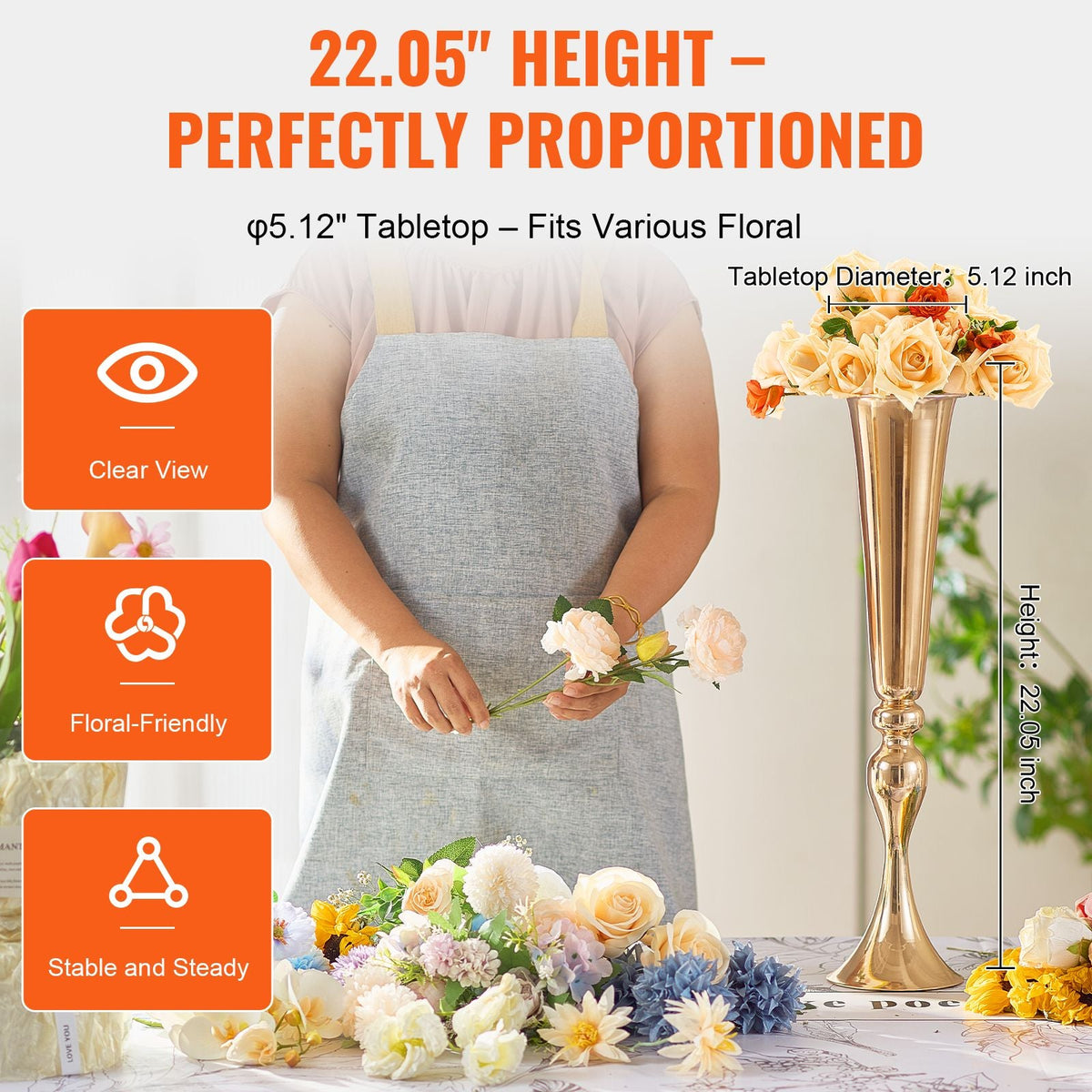 2PCS 56cm/22.05' Tall Wedding Flower Vase, Metal Wedding Trumpet Centerpiece, Gold Floral Stand Display Rack for Tables Wedding Dinner Party, Anniversary Ceremony Birthday Event Decor