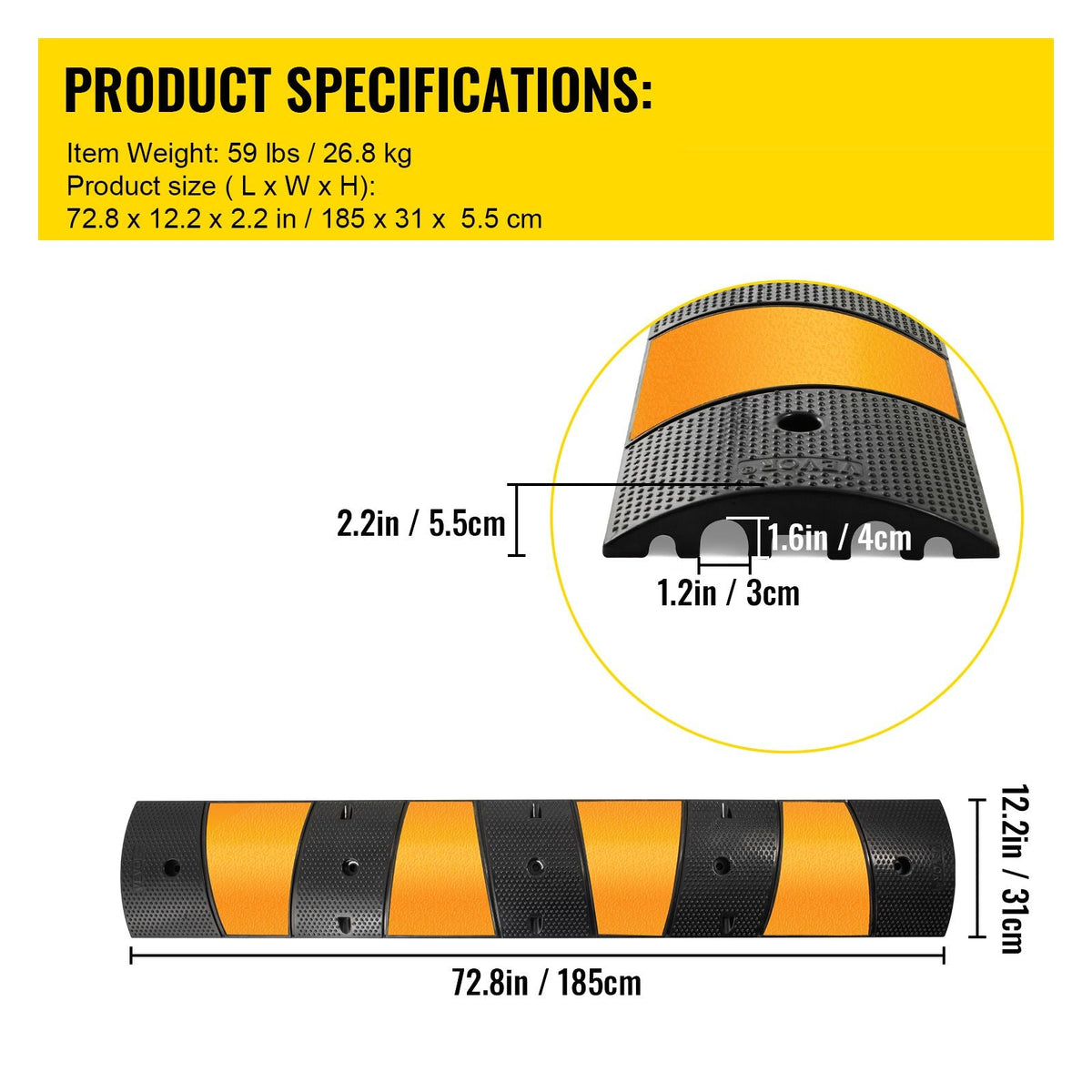 2pcs 6 Feet Rubber Speed Bump Driveway Modular Heavy Duty Speed Bumps 72.4 x 12 x 2.4 Inch Cable Protector Ramp for Garage Gravel Roads Asphalt Concrete