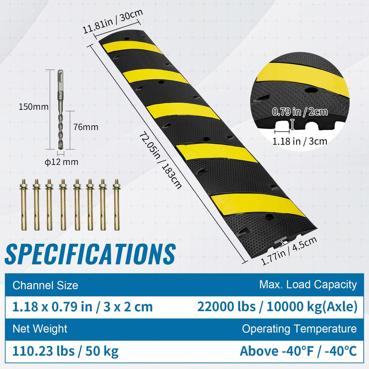 2PCs 6 ft/72'' Rubber Speed Hump, 2 Channel, 22000 lbs Capacity Heavy Duty Traffic Speed Bump, with High Reflective Yellow Strip 8 Expansion Screws and 1 Drill, for Asphalt Concrete Gravel Roads