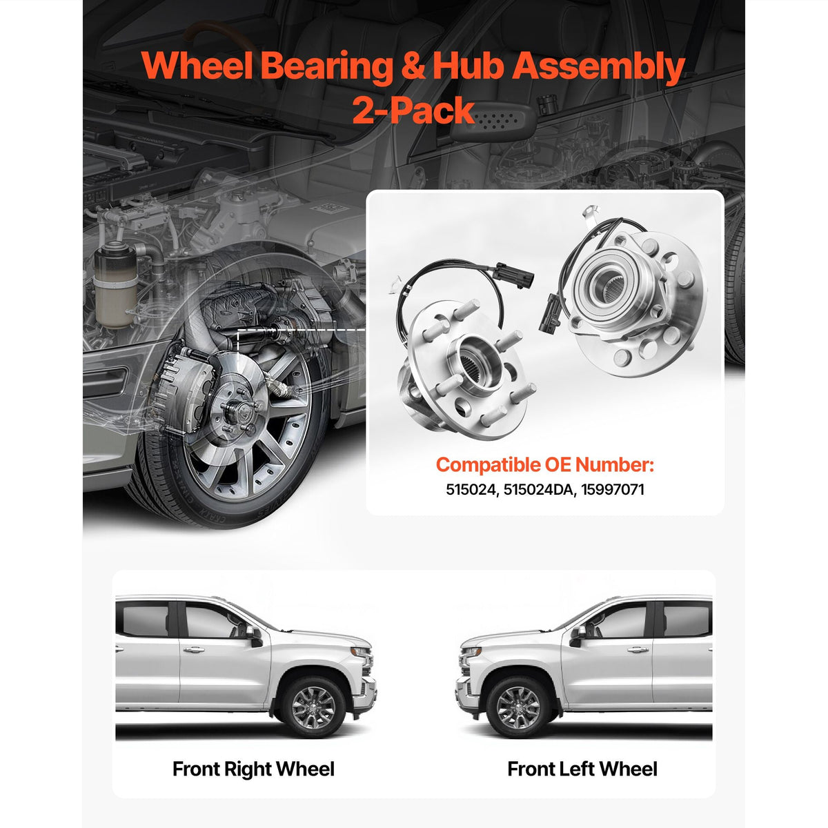 2PCS Front Wheel Bearing & Hub Assembly Fit for 1999-2000 Cadillac Escalade 1995-1999 Chevrolet Tahoe GMC Yukon K1500 Suburban OEM 515024, 6 Lugs with ABS Sensor, Wheel Bearing Hub Assembly Set