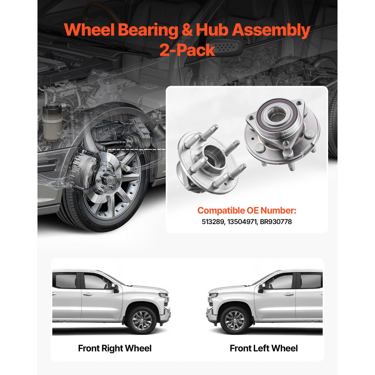 2PCS Front Wheel Bearing & Hub Assembly Fit for 2014-2016 Cadillac SRX Base Luxury Performance Premium Sport Utility 4-Door 3.6L OEM 513289, Wheel Bearing Hub Assembly Set, 13504971 BR930778