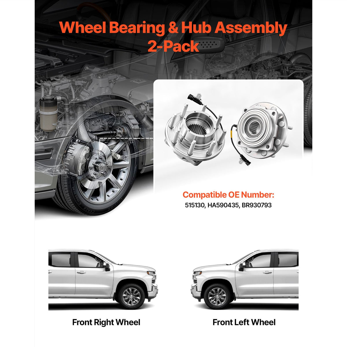 2PCS Front Wheel Bearing & Hub Assembly Fit for 2016 Ford F-250 Super Duty Base King Ranch Lariat Platinum XL Crew Cab Pickup 4-Door OEM 515130, Wheel Bearing Hub Assembly Set with ABS Sensor