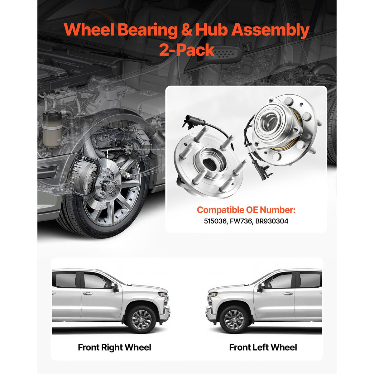 2PCS Front Wheel Bearing & Hub Assembly Fit for Chevy Silverado 1500 4WD 2013 Express 1500 GMC Savana 1500 Base Standard Cargo Van OEM 515036, Wheel Bearing Hub Assembly Set with ABS Sensor
