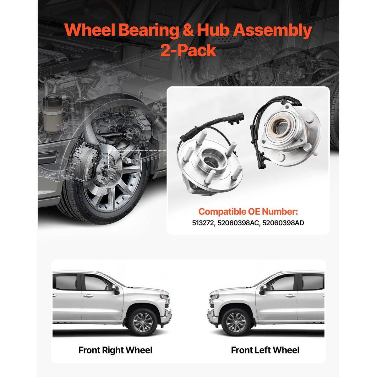 2PCS Front Wheel Bearing & Hub Assembly Fit for Jeep Wrangler 2010 Islander 2016 Rubicon Sahara 75th Anniversary Sport Utility OEM 513272, 5 Lugs with ABS Sensor, Wheel Bearing Hub Assembly Set