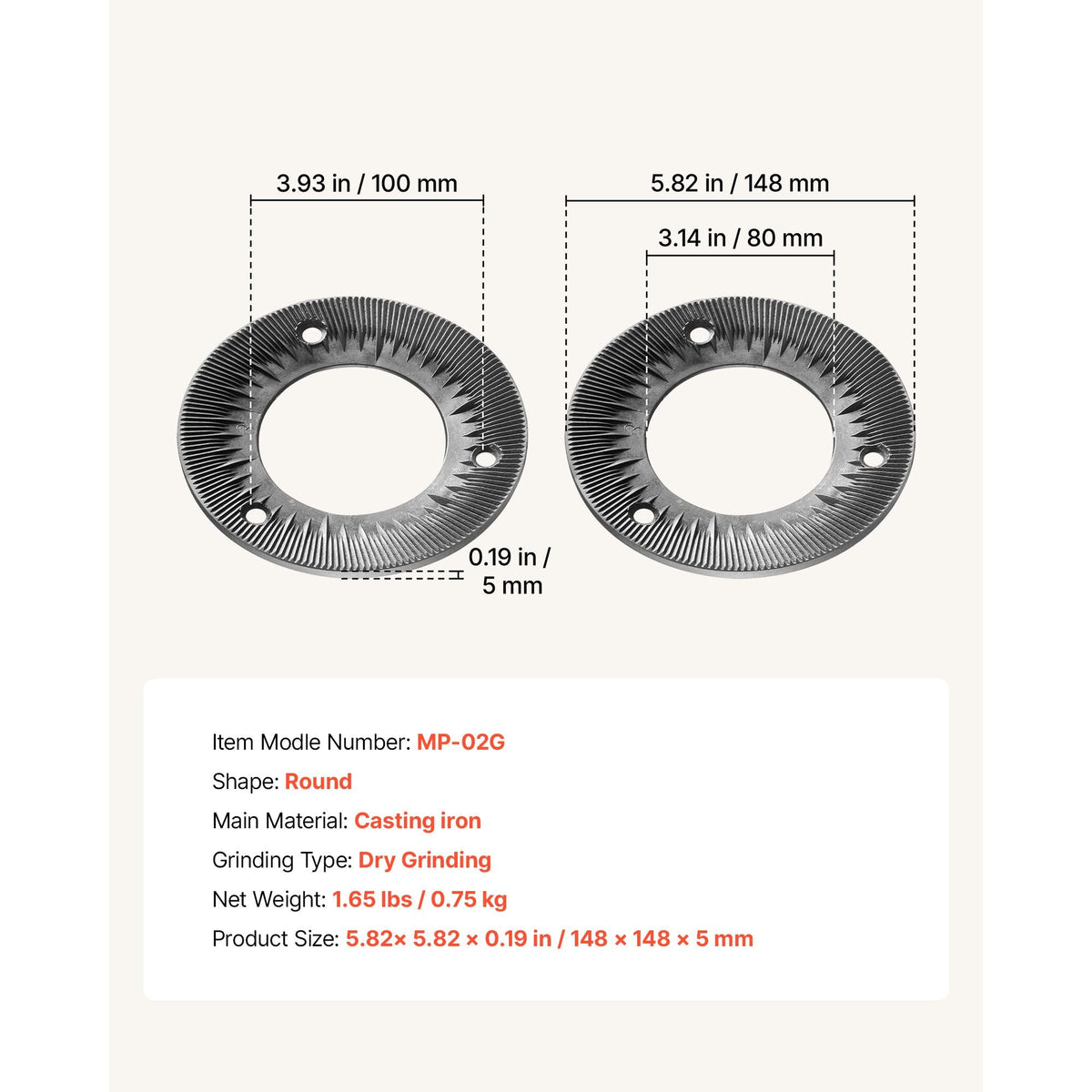 2PCS Grinding Sheets for Electric Grain Mill Grinder, Cast Iron Dry Grinding Discs, Replacement Grinding Plates Compatible with GM-001, GM-002, GM-003 Corn Spice Mill Grinder