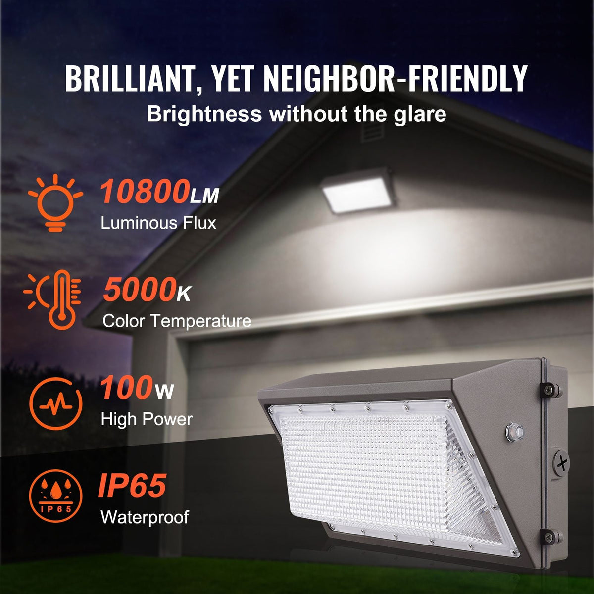 2PCs LED Wall Pack Lights, 100W 10800LM, 5000K Commercial Outdoor Lights Security Lighting Fixture, with Intelligent Light Sensing 180 LED beads Energy Saving for Garages Yards, IP65 Waterproof