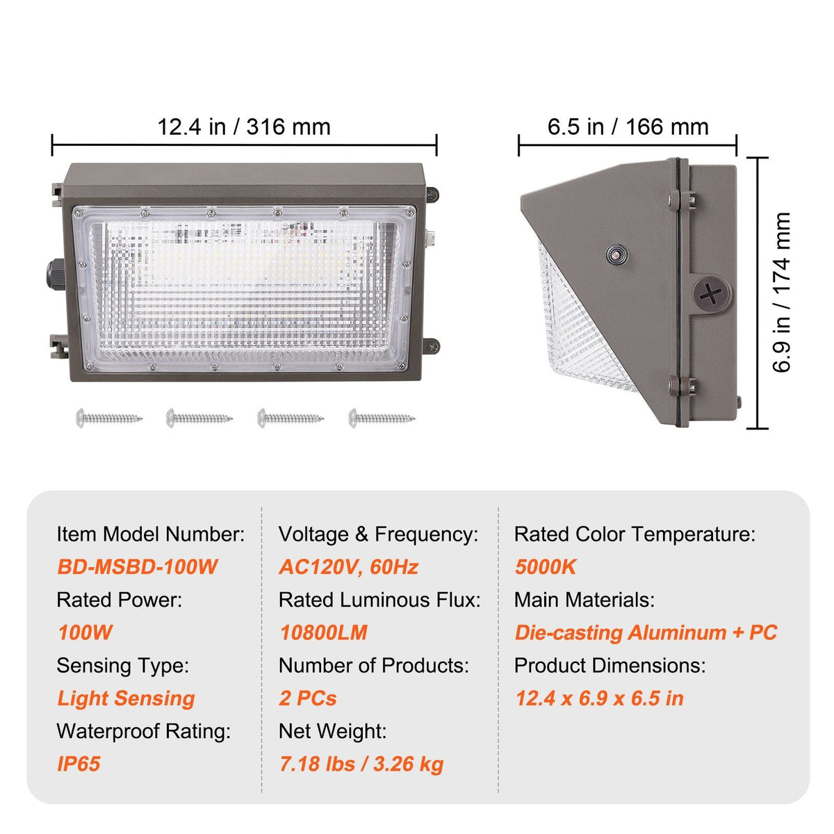 2PCs LED Wall Pack Lights, 100W 10800LM, 5000K Commercial Outdoor Lights Security Lighting Fixture, with Intelligent Light Sensing 180 LED beads Energy Saving for Garages Yards, IP65 Waterproof