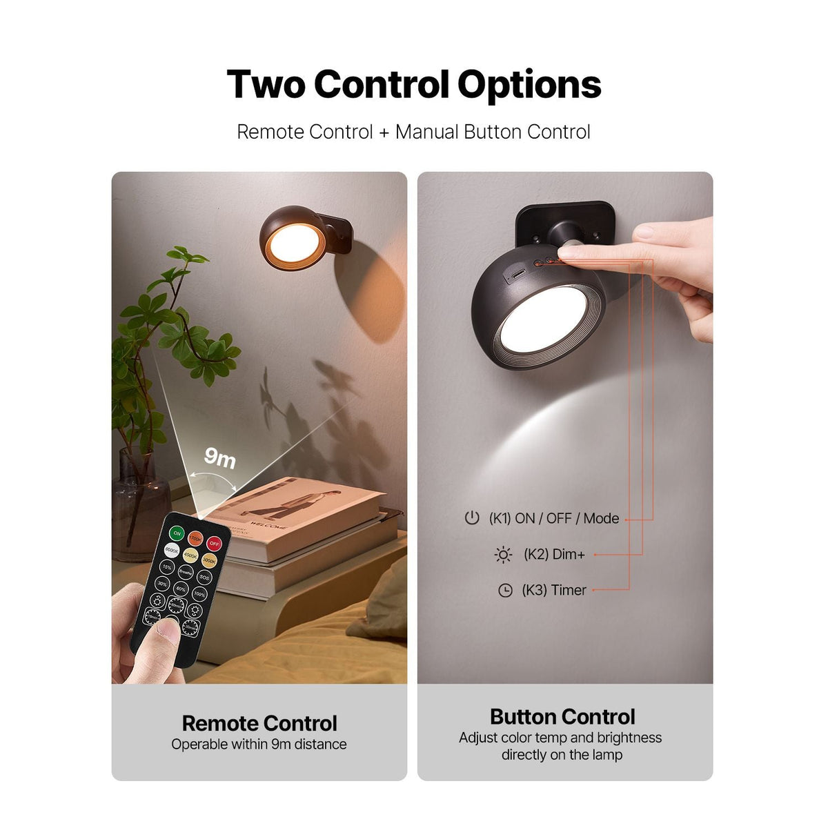 2PCS LED Wall Sconces, Rechargeable Battery Operated Wall Sconces Lamps with Remote Control, 360° Rotation Dimmable Wireless Wall Lights with Adjustable Color Temps, Brightness & 4-Level Timer