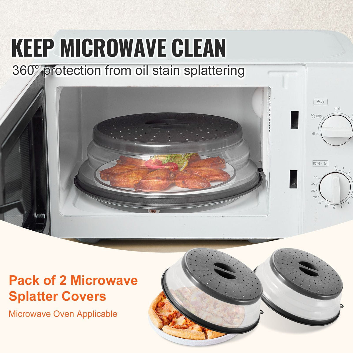 2PCS Microwave Splatter Covers, 10.4" Collapsible Microwave Lid for Food, 300 Fahrenheit Heat-Resistant PP Splatter Guard for Plate Dish, Multi-Use Kitchen Colander Gadget