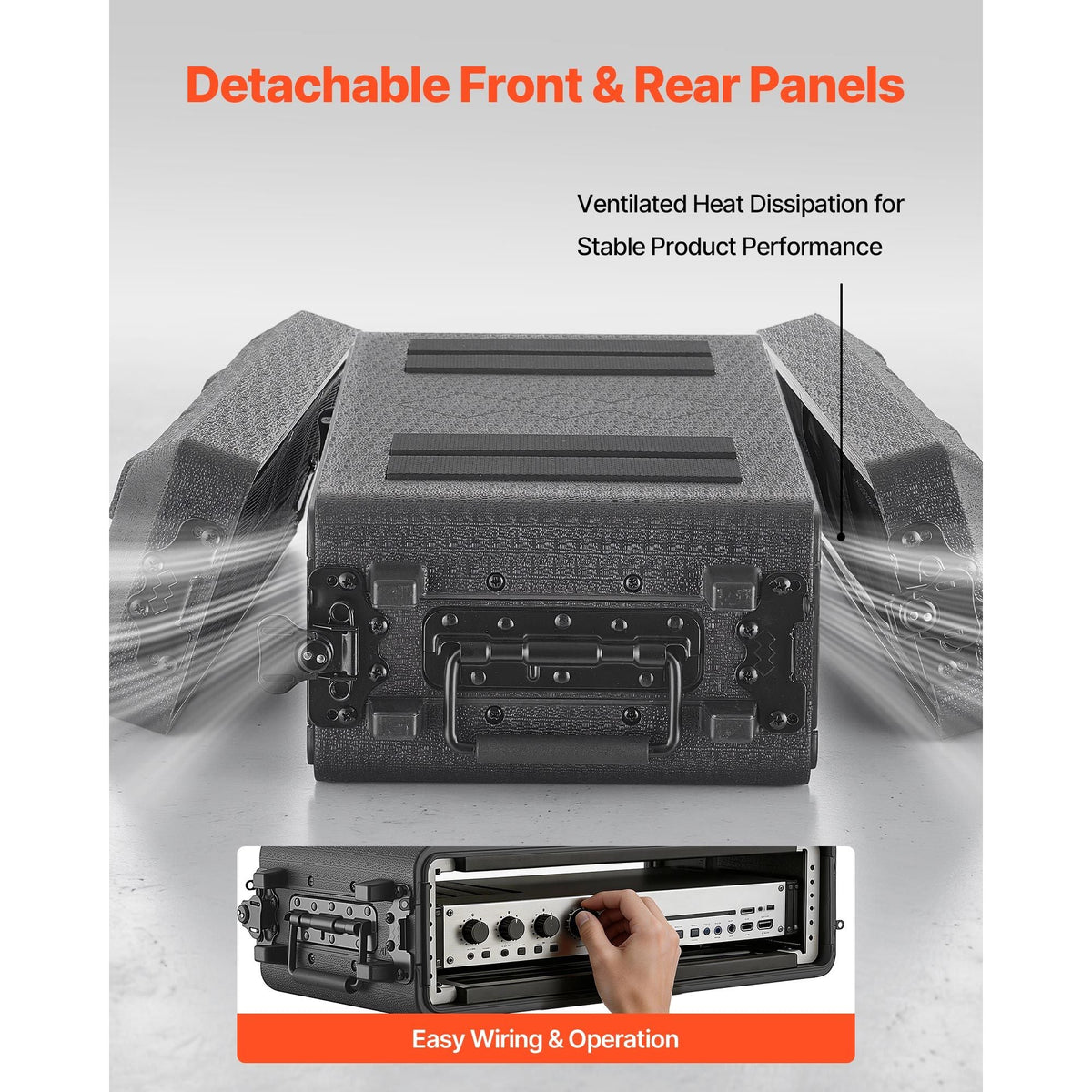 2U Rack Case, 12 in Depth, Rackmount Flight Case Shallow Rack with Microphone Compartment, Polyethylene Construction, Recessed Latches, Easy Installation, for Amplifier, 8.7 in Internal Depth