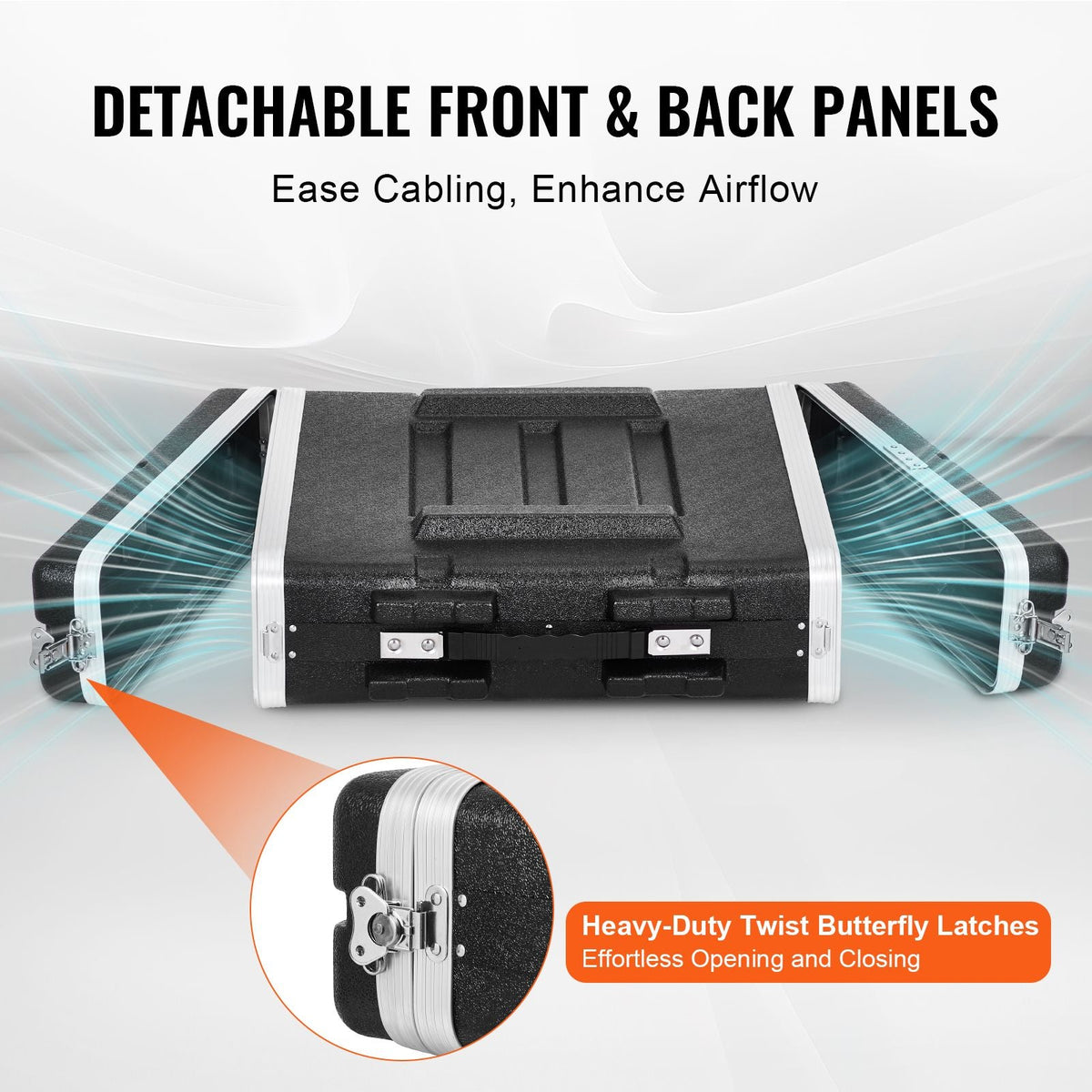 2U Rack Case, Standard 19 in Depth, Server Rack Cabinet with ABS Construction Handle Heavy-Duty Twist Butterfly Latches, Detachable Front & Back Panels, for Amps, Mixers, Microphone Receivers