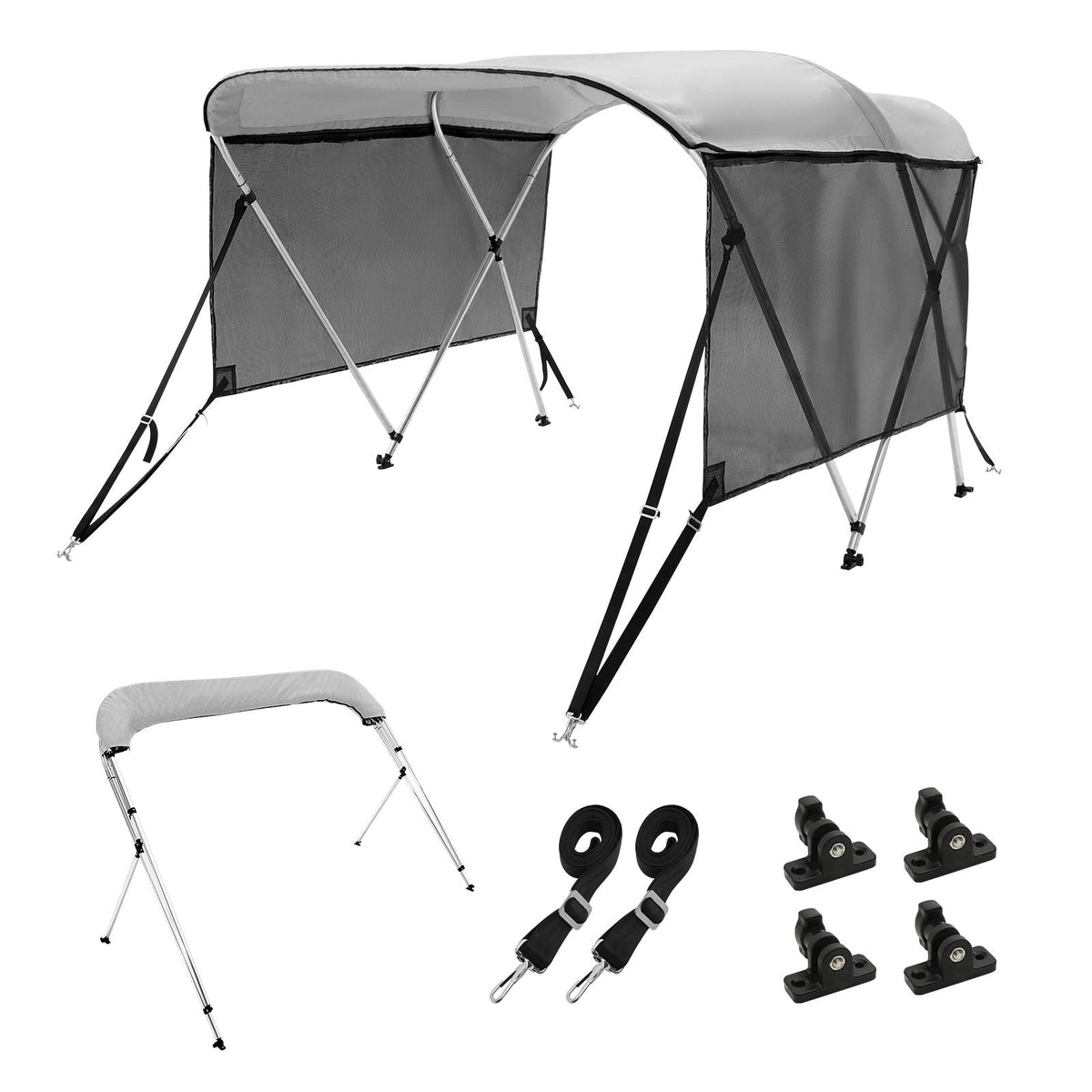 3 Bow Bimini Top Boat Cover, Detachable Mesh Sidewalls, 600D Polyester Canopy with 1" Aluminum Alloy Frame, Includes Storage Boot, 2 Support Poles, 2 Straps, 6'L x 46"H x 61"-66"W, Light Grey