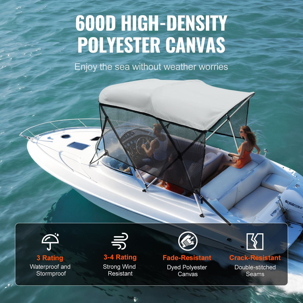 3 Bow Bimini Top Boat Cover, Detachable Mesh Sidewalls, 600D Polyester Canopy with 1" Aluminum Alloy Frame, Includes Storage Boot, 2 Support Poles, 2 Straps, 6'L x 46"H x 61"-66"W, Light Grey