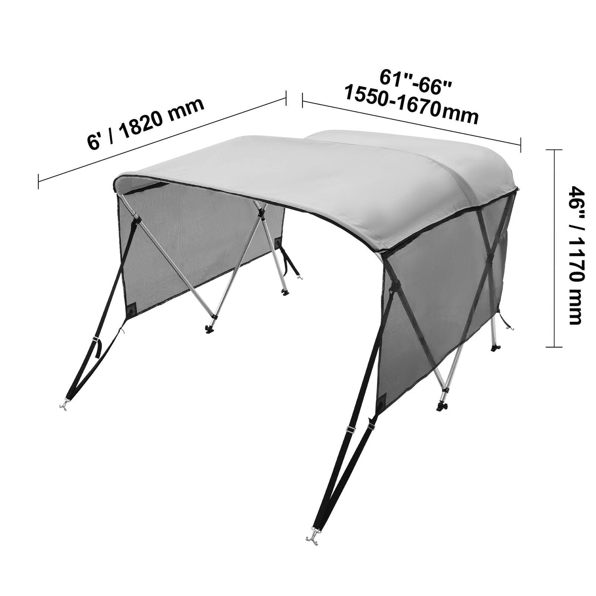 3 Bow Bimini Top Boat Cover, Detachable Mesh Sidewalls, 600D Polyester Canopy with 1" Aluminum Alloy Frame, Includes Storage Boot, 2 Support Poles, 2 Straps, 6'L x 46"H x 61"-66"W, Light Grey