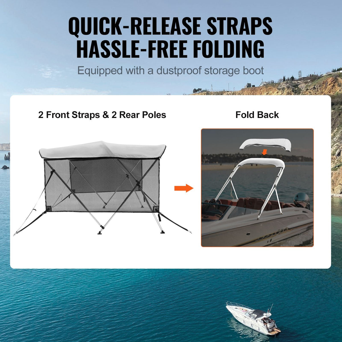 3 Bow Bimini Top Boat Cover, Detachable Mesh Sidewalls, 600D Polyester Canopy with 1" Aluminum Alloy Frame, Includes Storage Boot, 2 Support Poles, 2 Straps, 6'L x 46"H x 61"-66"W, Light Grey
