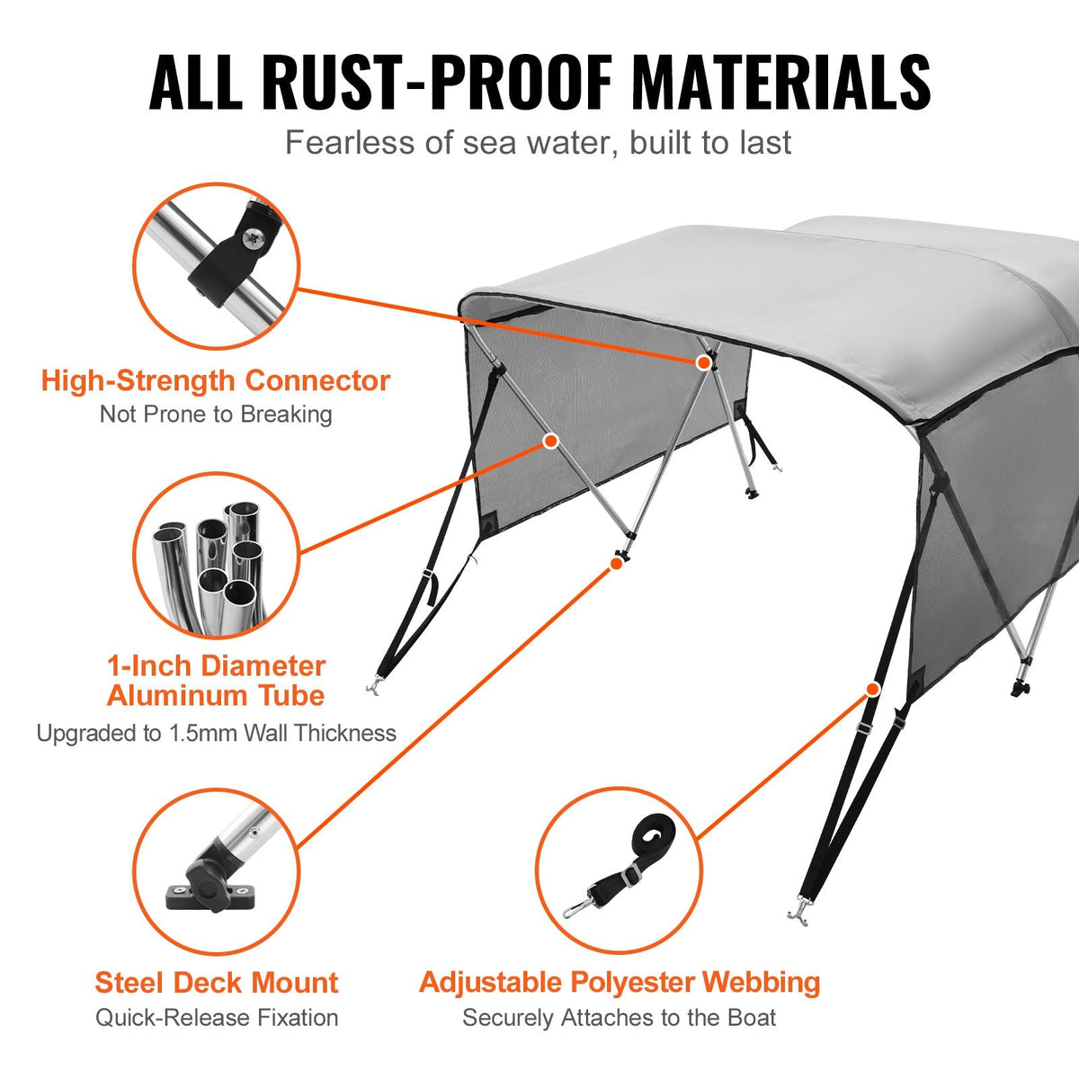 3 Bow Bimini Top Boat Cover, Detachable Mesh Sidewalls, 600D Polyester Canopy with 1" Aluminum Alloy Frame, Includes Storage Boot, 2 Support Poles, 2 Straps, 6'L x 46"H x 61"-66"W, Light Grey