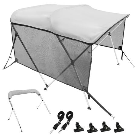 3 Bow Bimini Top Boat Cover, Detachable Mesh Sidewalls, 600D Polyester Canopy with 1" Aluminum Alloy Frame, Includes Storage Boot, 2 Support Poles, 2 Straps, 6'L x 46"H x 61"-66"W, Light Grey