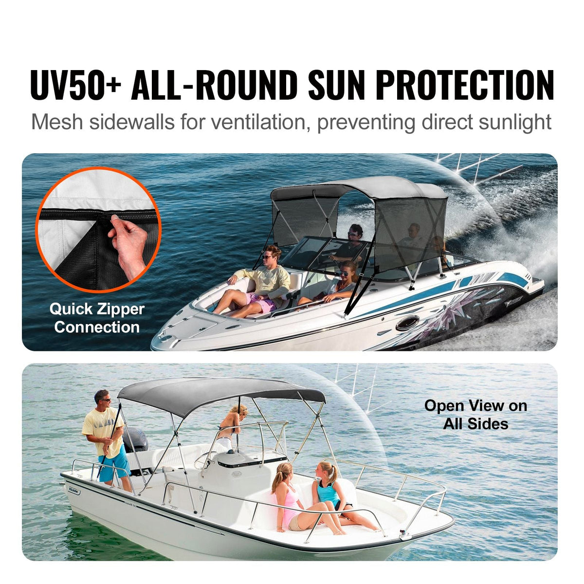 3 Bow Bimini Top Boat Cover, Detachable Mesh Sidewalls, 600D Polyester Canopy with 1" Aluminum Alloy Frame, Includes Storage Boot, 2 Support Poles, 2 Straps, 6'L x 46"H x 61"-66"W, Light Grey