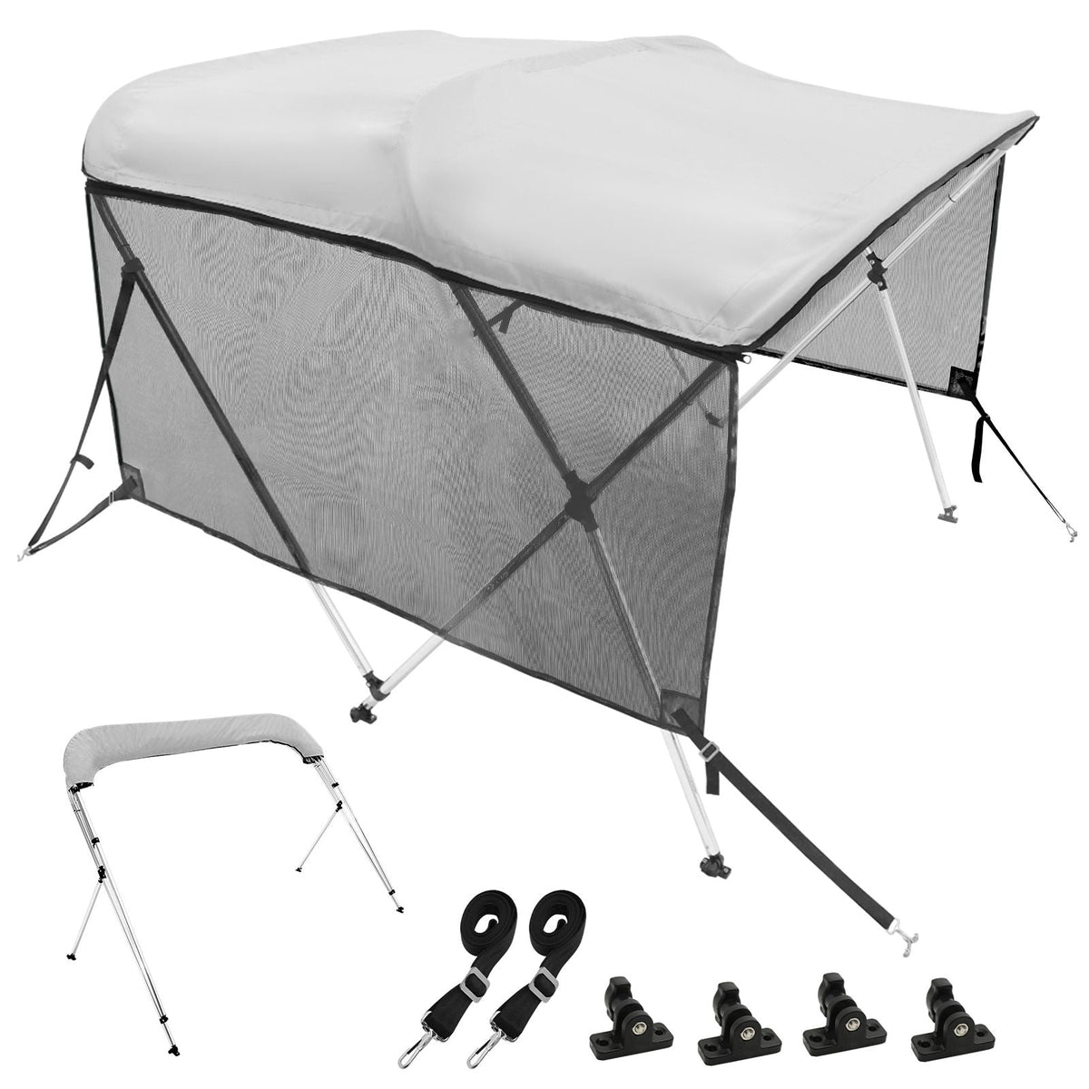 3 Bow Bimini Top Boat Cover, Detachable Mesh Sidewalls, 600D Polyester Canopy with 1" Aluminum Alloy Frame, Includes Storage Boot, 2 Support Poles, 2 Straps, 6'L x 46"H x 61"-66"W, Light Grey
