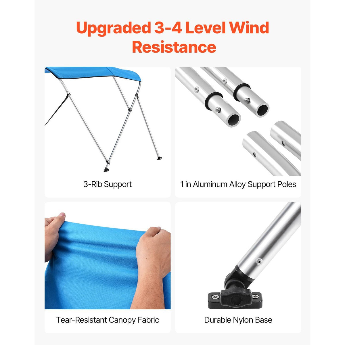 3 Bow Boat Bimini Tops, 600D Polyester Canopy with Aluminum Alloy Frame, Waterproof & Sun Shade Boat Awning Canopy with Storage Bag, 2 Support Poles, 4 Straps, 6'Lx(54"-60")Wx46"H, Pacific Blue