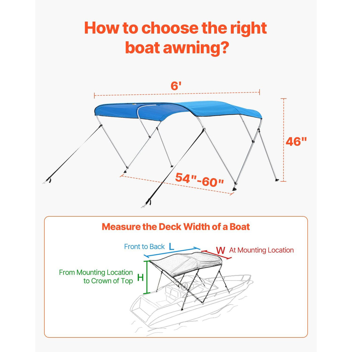 3 Bow Boat Bimini Tops, 600D Polyester Canopy with Aluminum Alloy Frame, Waterproof & Sun Shade Boat Awning Canopy with Storage Bag, 2 Support Poles, 4 Straps, 6'Lx(54"-60")Wx46"H, Pacific Blue