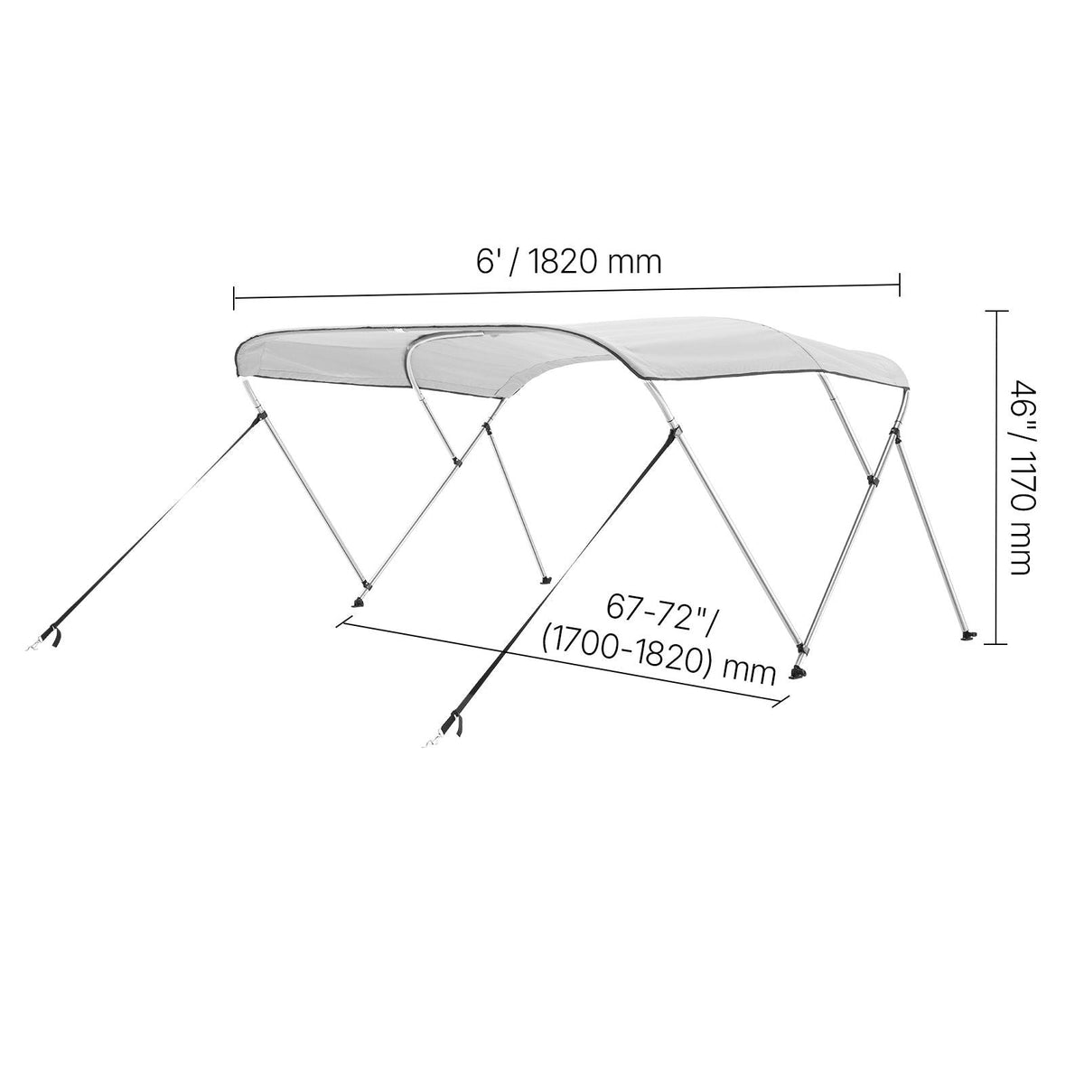 3 Bow Boat Bimini Tops, 600D Polyester Canopy with Aluminum Alloy Frame, Waterproof & Sun Shade Boat Awning Canopy with Storage Bag, 2 Support Poles, 4 Straps, 6'Lx(67"-72")Wx46"H, Light Grey