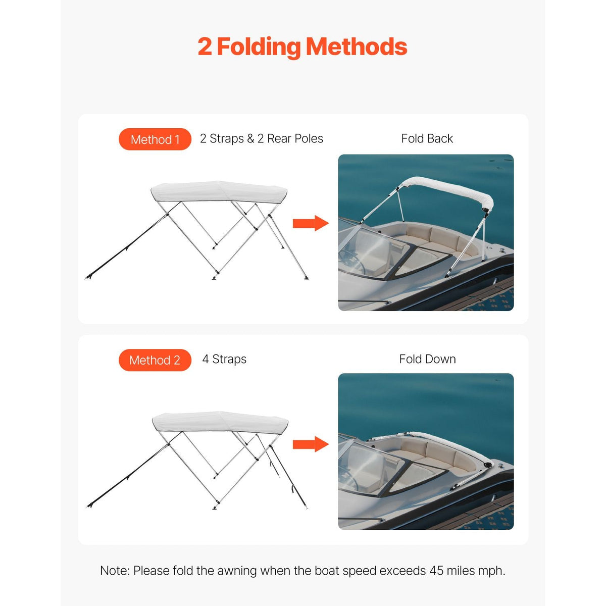 3 Bow Boat Bimini Tops, 600D Polyester Canopy with Aluminum Alloy Frame, Waterproof & Sun Shade Boat Awning Canopy with Storage Bag, 2 Support Poles, 4 Straps, 6'Lx(67"-72")Wx46"H, Light Grey