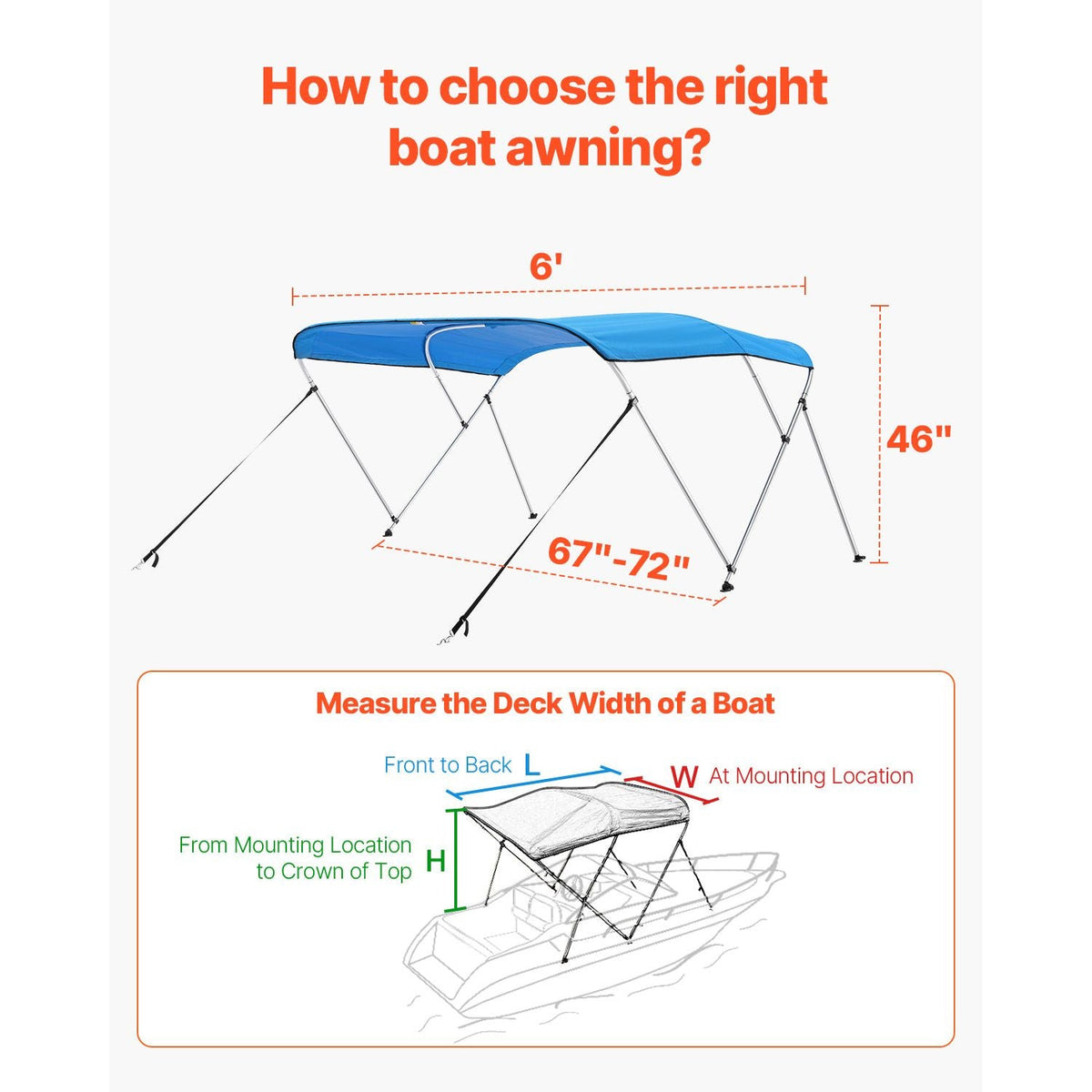 3 Bow Boat Bimini Tops, 600D Polyester Canopy with Aluminum Alloy Frame, Waterproof & Sun Shade Boat Awning Canopy with Storage Bag, 2 Support Poles, 4 Straps, 6'Lx(67"-72")Wx46"H, Pacific Blue