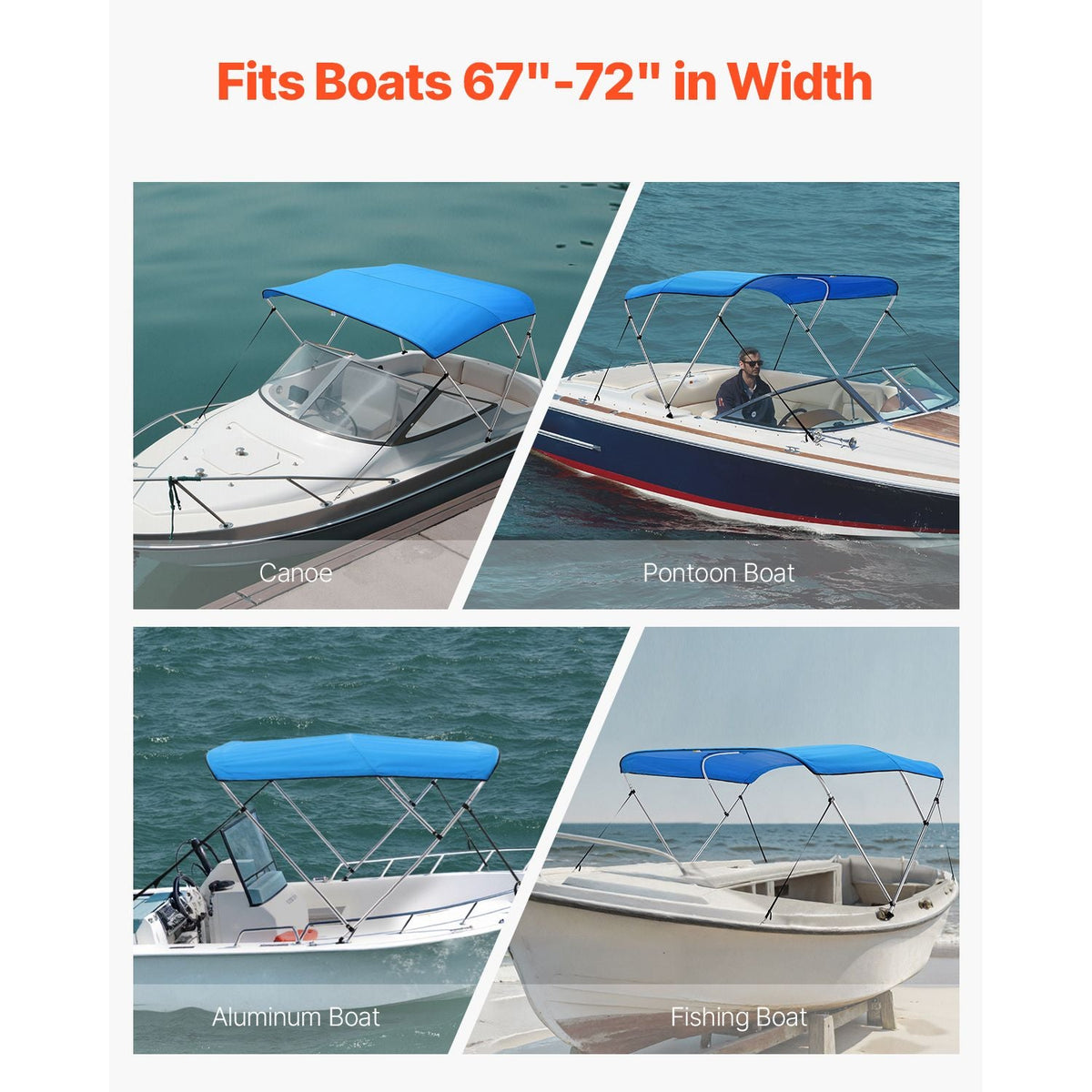 3 Bow Boat Bimini Tops, 600D Polyester Canopy with Aluminum Alloy Frame, Waterproof & Sun Shade Boat Awning Canopy with Storage Bag, 2 Support Poles, 4 Straps, 6'Lx(67"-72")Wx46"H, Pacific Blue