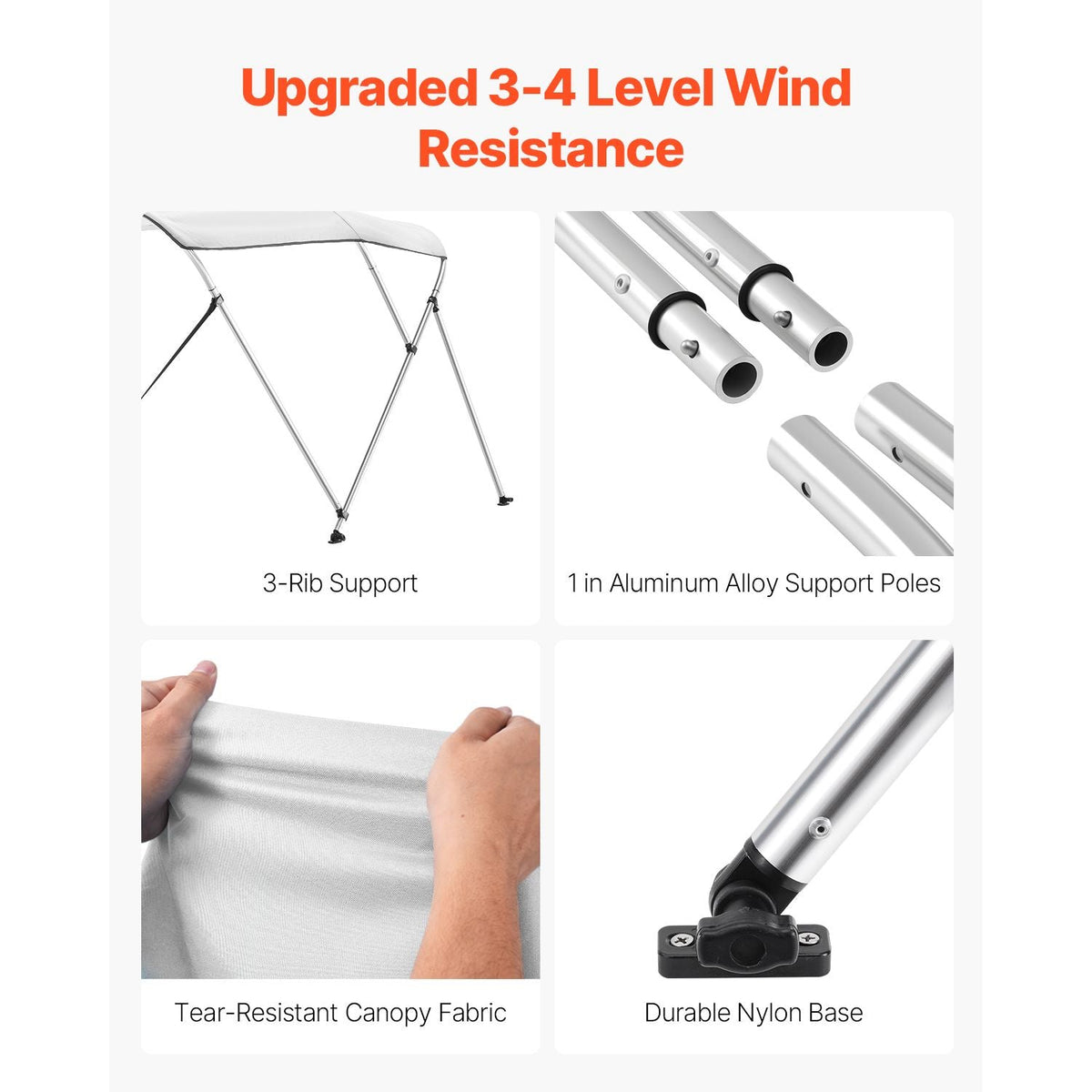 3 Bow Boat Bimini Tops, 600D Polyester Canopy with Aluminum Alloy Frame, Waterproof & Sun Shade Boat Awning Canopy with Storage Bag, 2 Support Poles, 4 Straps, 72"Lx(73"-78")Wx46"H, Light Grey