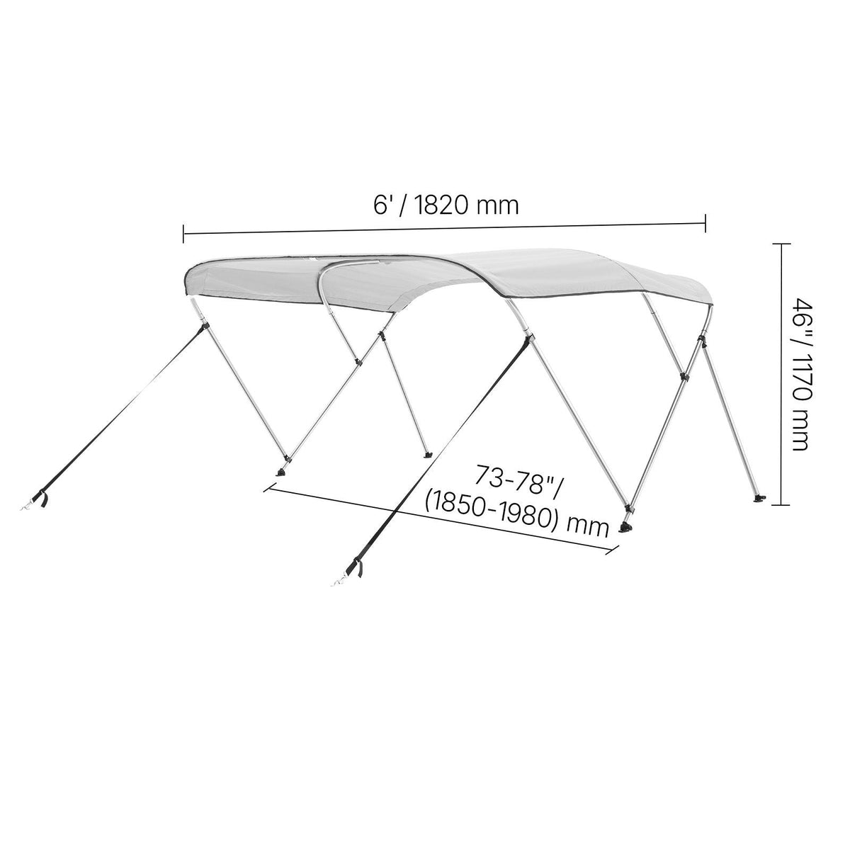 3 Bow Boat Bimini Tops, 600D Polyester Canopy with Aluminum Alloy Frame, Waterproof & Sun Shade Boat Awning Canopy with Storage Bag, 2 Support Poles, 4 Straps, 72"Lx(73"-78")Wx46"H, Light Grey